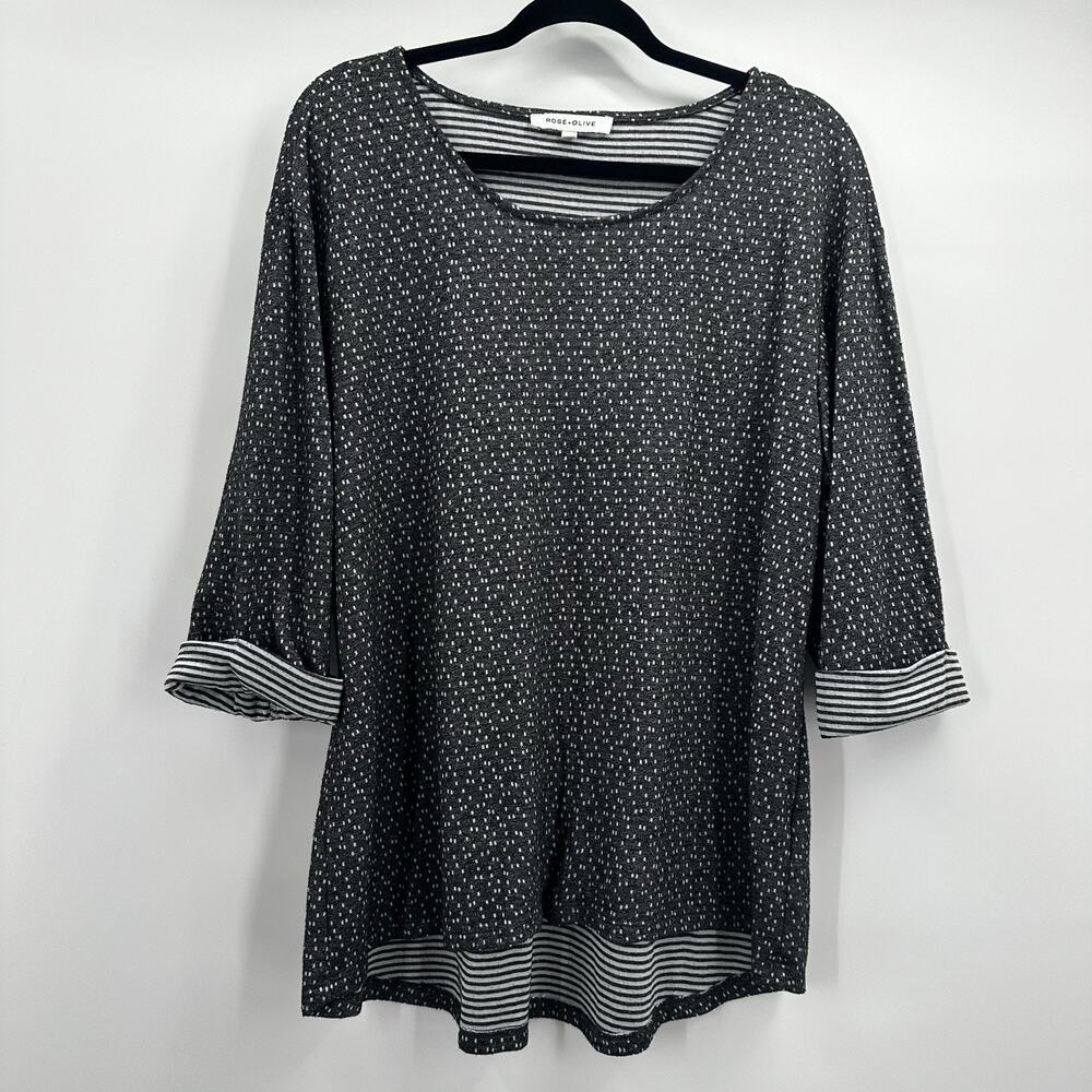 Rose Olive Blouse Shirt Top Womens 1X Gray Striped Dot Mixed Print Stretch
